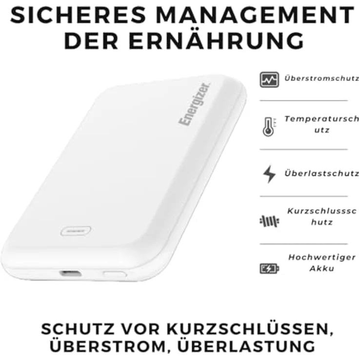 Energizer QM5000 Powerbank 5000mAh, Magnetisches Wireless Charging MagSafe, USB-C PD 20W & USB-A 15W, PowerSafe, Schnellladung, Externer Akku für iPhone & Android, 126g, LED-Anzeige – Bild 5