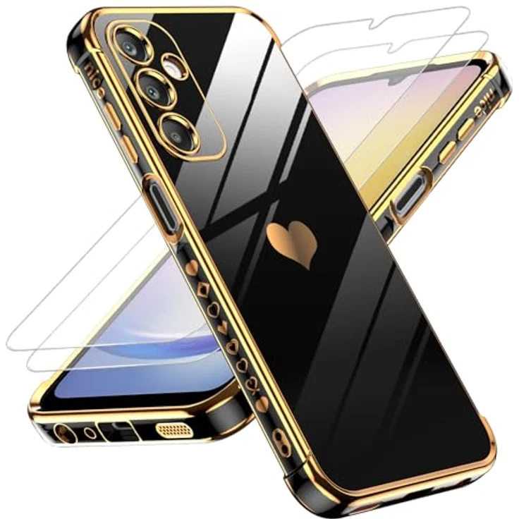 LeYi Hülle für Samsung Galaxy A25 5G, TPU Silikon Schutzhülle mit Herz Muster und 2 Schutzfolien, schwarz, kratzfest und stoßfest mit Kameraschutz – Bild 1