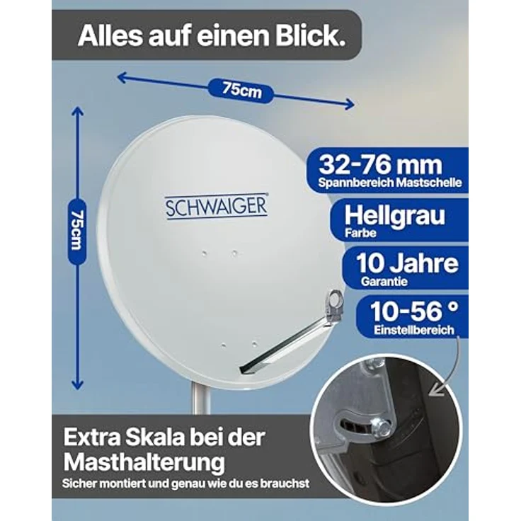 Schwaiger Satellitenanlage Set, Hellgrau Aluminium, 75 cm Offset-Antenne mit Quad-LNB für 4 Teilnehmer – Bild 6