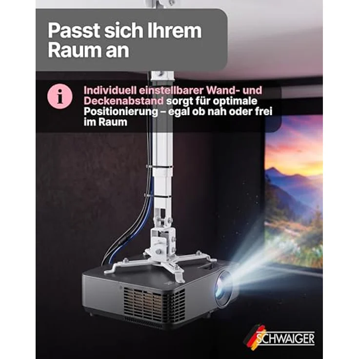 SCHWAIGER Beamer-Halterung Universal für Decke & Wand, schwenkbar und neigbar, bis 20 kg belastbar, pulverbeschichtet in weiß, inkl. Montagematerial – Bild 4