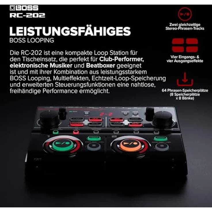 BOSS RC-202, Sampler und MIDI Controller mit 2 Stereo-Schleifen, 64 Phrasenspeichern, Schwarz – Bild 3