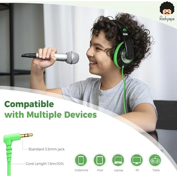 ROCKPAPA Comfort Kopfhörer On Ear Wired Headphones ohne Mikrofon für Kinder-Erwachsene, Cellphones Laptop Tablet PC Computer CD DVD MP3-4 Schwarz Grün – Bild 5