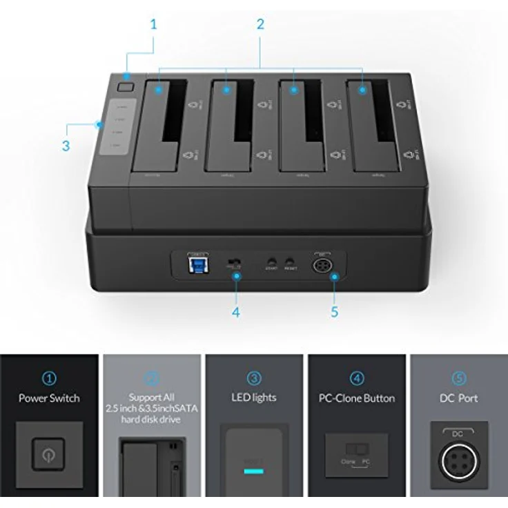 ORICO 6648US3-C, USB 3.0 zu SATA Offline Klon Festplatten Dockingstation, 4-Steckplatz für 2,5 und 3,5 Zoll SATA HDD/SSD bis zu 4x 16TB, mit 12V 6.5A Netzteil – Bild 4