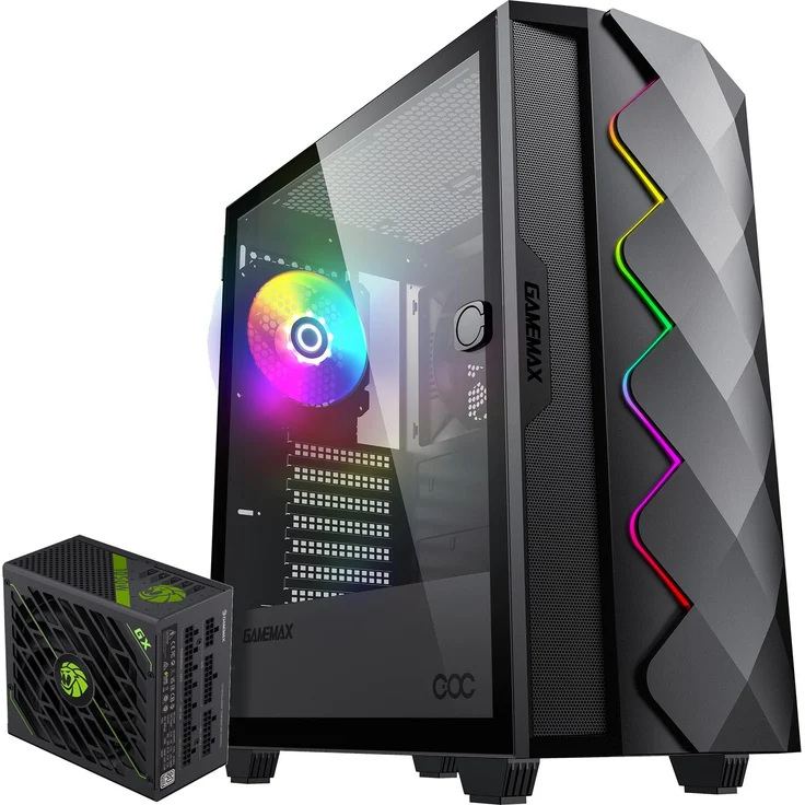 GameMax Diamond COC BK Midi-Tower, Gaming-Gehäuse mit ARGB-Beleuchtung, 1x USB3.0, 1x USB2.0, inkl. GX-1050 PRO 80+ Platinum Netzteil, Schwarz