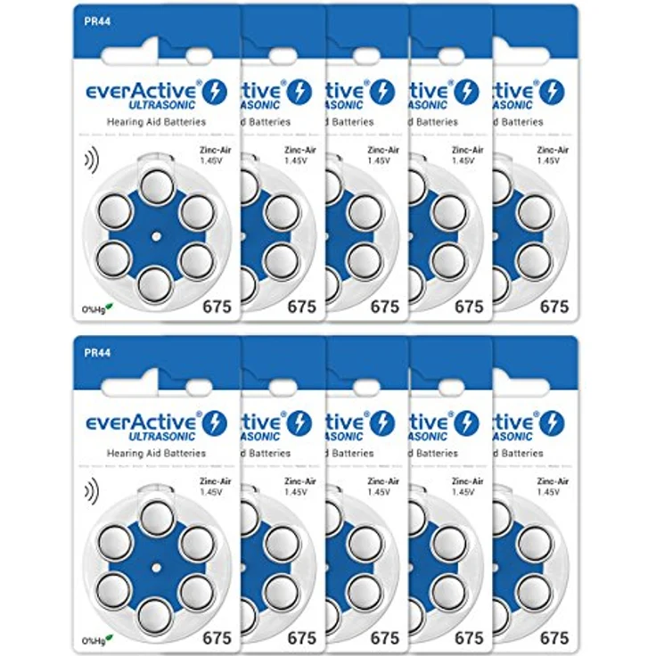 everActive 675, 60 Stück, Hörgerätebatterien, hohe Leistung, Zink-Luft-Batterien, 10 Blisterkarten, 4-jährige Haltbarkeit, blau, Ultrasonic PR44 – Bild 2