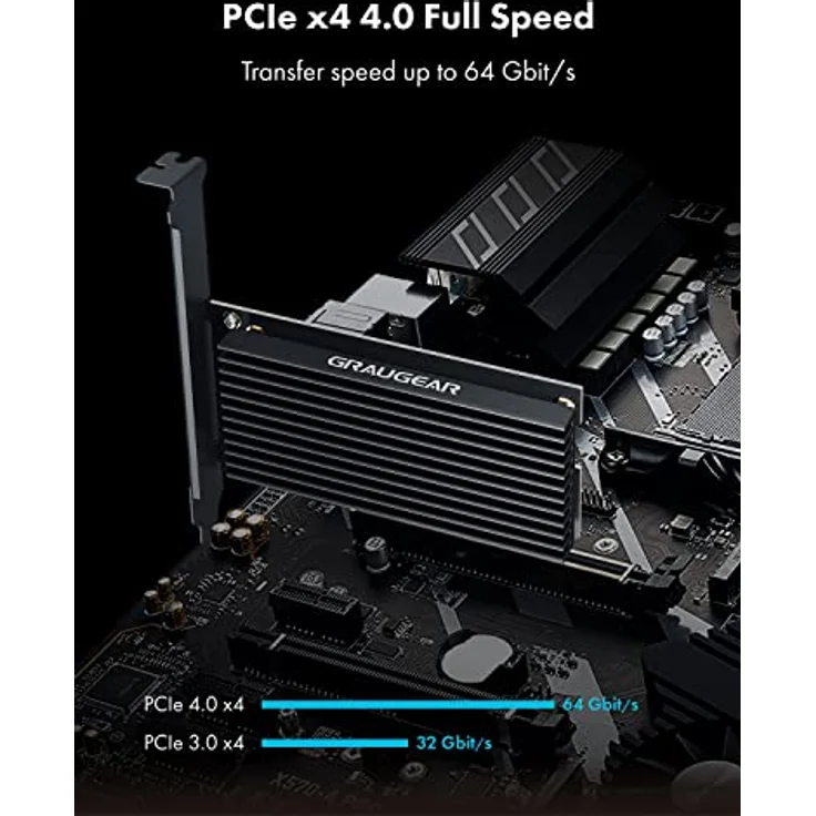 GRAUGEAR | M.2 PCIe 4.0 Karte | für M.2 NVMe SSD | M-Key | 4X Silikon Wärmeleitpads | Großer Aluminium Kühlkörper | 2280, 2260, 2242, 2230 | High + Low-Profile Slotblech | G-M2PCI01 – Bild 2