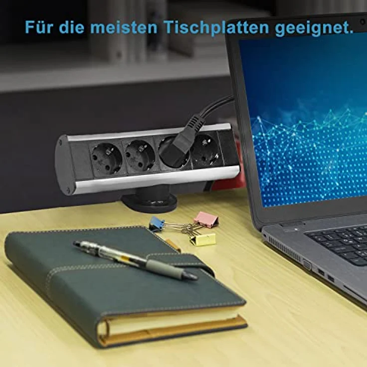 Elbe Inno® Tischsteckdose, 4-fach Steckdosenleiste für Arbeitsplatte, Aluminium in schwarz-grau, mit Überspannungs- und Kindersicherheitsschutz – Bild 2