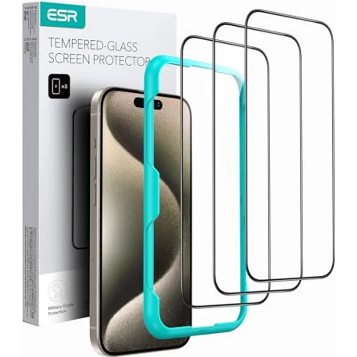 ESR Panzerglas für iPhone 15 Pro, gehärtete Displayschutzfolie 3 Stück, 9H Härte, HD klar, blasenfreies Anbringen, vollständiger Displayschutz