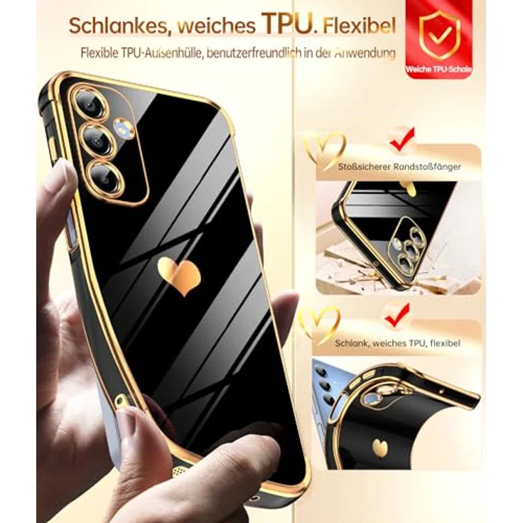 LeYi Handyhülle für Samsung Galaxy A16 5G, TPU Silikon Schutzhülle mit Cute Herz Muster und 2 Schutzfolien, Stoßfest, Kratzfest, Kameraschutz, Schwarz – Bild 4