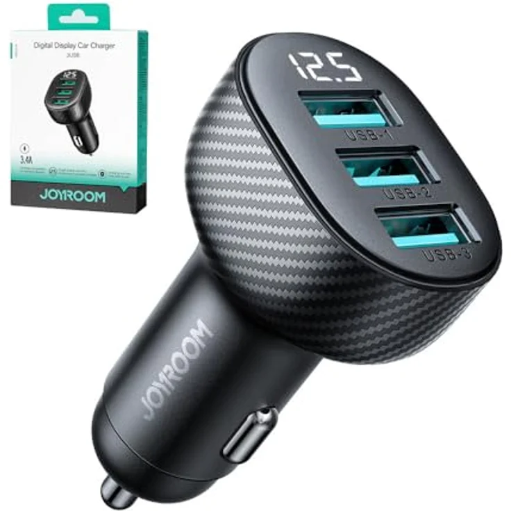 Joyroom JR-CCD03 Autoladegerät, 3,4A, 3x USB-A, mit Display, Schwarz – Bild 6