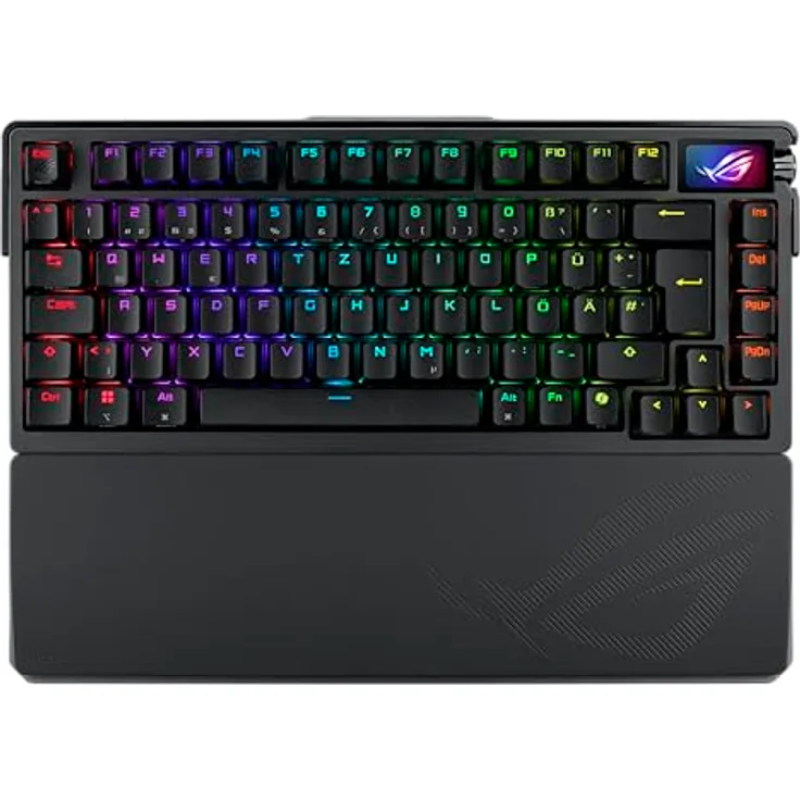 ASUS ROG Azoth Extreme 75% Gaming Tastatur (QWERTZ-Layout, mechanische ROG NX-Switches, OLED-Touchscreen, Dreifach-Steuerungsknopf, kabellos via Bluetooth, 2,4-GHz-RF Wireless, USB, MacOS kompatibel, Aluminiumlegierung, Kohlefaserplatte)