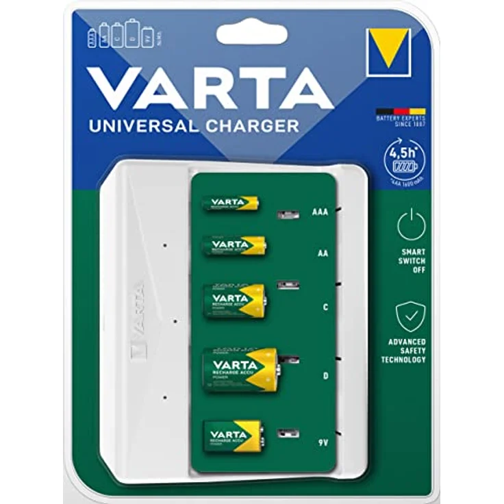 VARTA Akku Ladegerät, Batterieladegerät für wiederaufladbare Batterien, lädt 2 oder 4 AA, AAA, C, D oder 1x 9V gleichzeitig, Universal Charger, mit Sicherheitsabschaltung, unbestückt – Bild 2