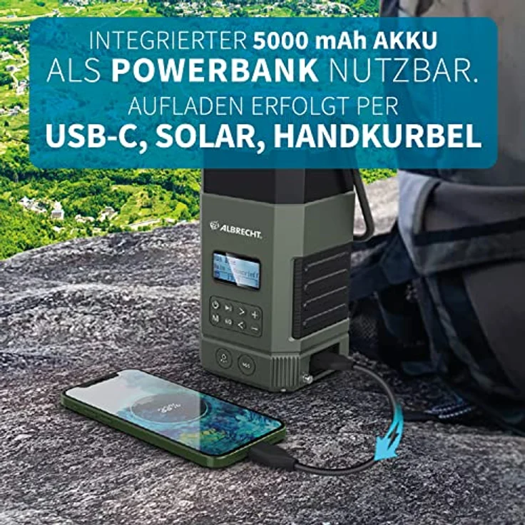 Albrecht DR 114, tragbares DAB+/UKW Outdoor Kurbelradio, 27912, SOS-Notruf, Campinglampe, Taschenlampe, Solarmodul, PowerBank, IPX5 Wasserschutz – Bild 3