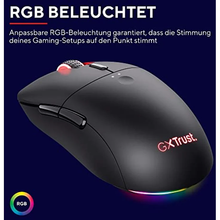 Trust Gaming GXT 980 Redex Wiederaufladbare Kabellose Gaming-Maus, 200-10.000 DPI, Geringer Latenz, RGB-Maus, 6 Programmierbare Tasten, USB-Dongle, PC-Maus für Laptop, Computer, Windows – Schwarz – Bild 4