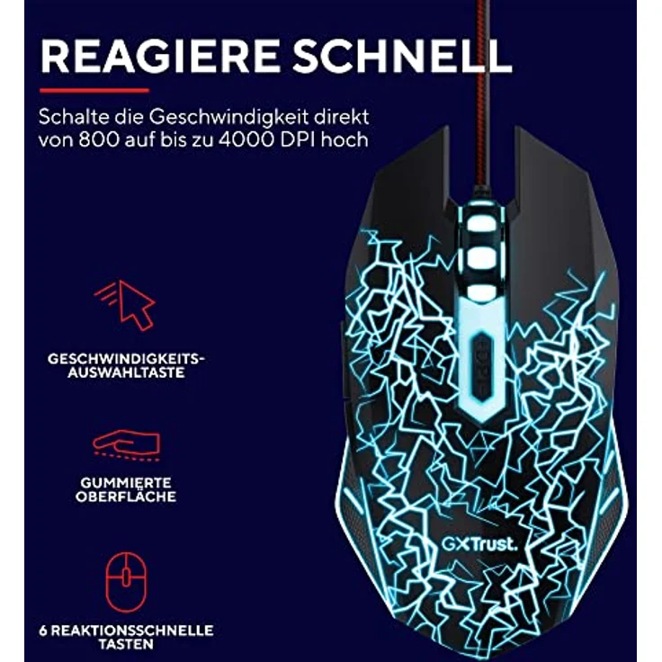 Trust Gaming GXT 783X Izza Gaming Maus mit Mauspad, 800-4000 DPI, LED-Beleuchtung, 180 cm USB-Kabel, Mouse Pad mit rutschfeste Unterseite, Computer Maus mit Kabel für Laptop, PC, Desktop, Schwarz – Bild 2