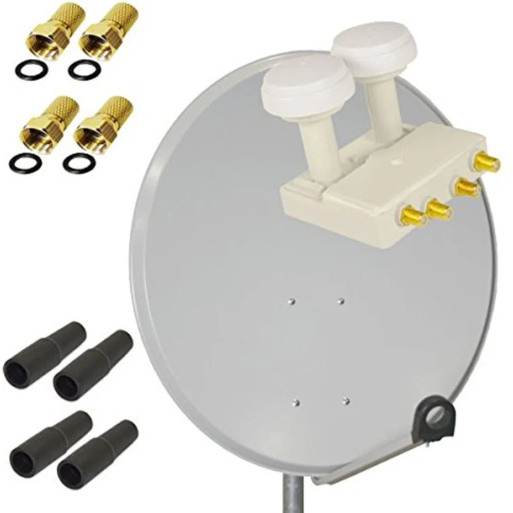 Premium X Satelliten-Komplettanlage PXS80, 80 cm Satellitenschüssel Hellgrau mit Quad Monoblock LNB, inkl. 8x F-Stecker, 4x Gummitülle, wasserdicht und UV-beständig – Bild 1