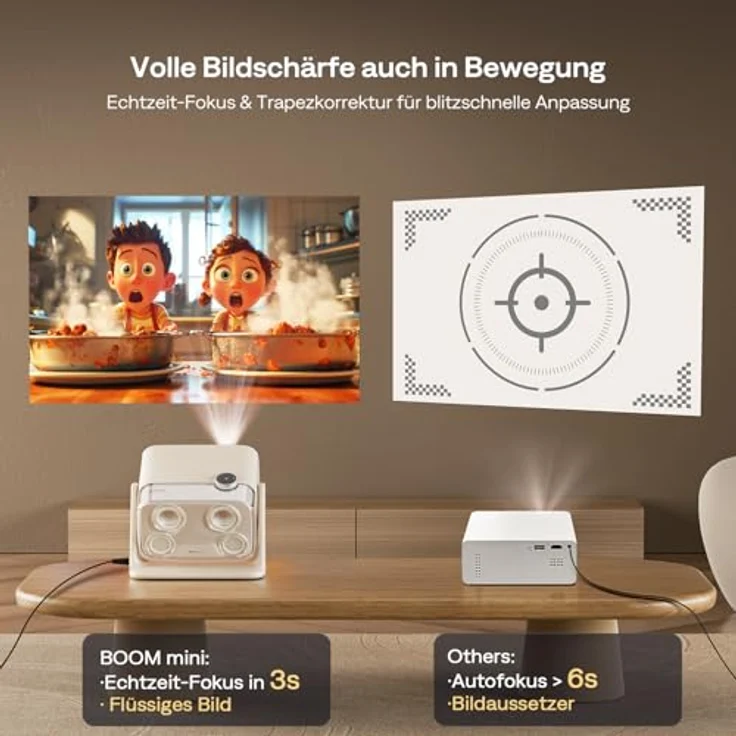 Aurzen Boom Mini Beamer, 4K Smart Projektor mit Google TV, 500 ANSI Lumen, ToF Autofokus, 20W Dolby Audio, WLAN/Bluetooth, cremeweiß – Bild 5
