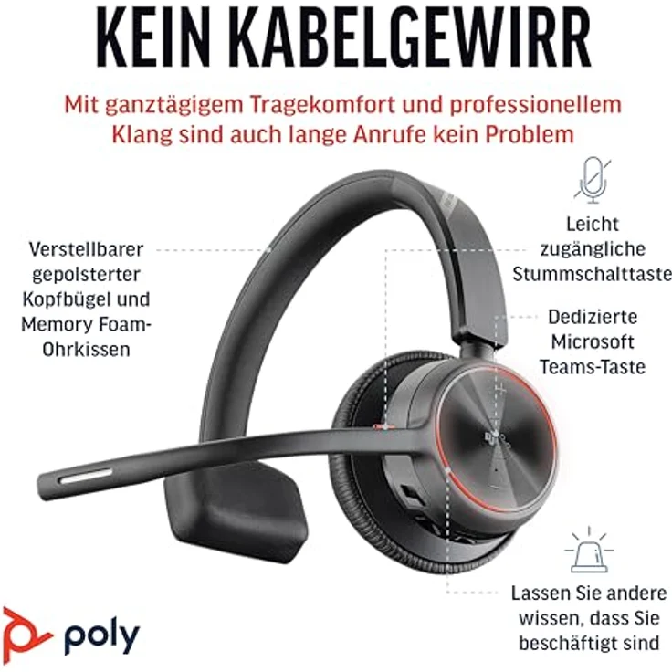 Poly Voyager 4310 UC, Schnurloses Ein-Ohr-Bluetooth-Headset mit Noise Cancelling Mikrofonarm, 24 Stunden Akkulaufzeit, kompatibel mit Teams und Zoom – Bild 2