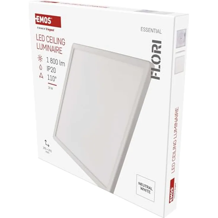 EMOS LED-Wand-/Deckenleuchte FLORI, quadratisch - neutralweiß 4000 K - 1800 lm - 18 W - 25 000 Std. - 110° Abstrahlwinkel - für Innenbereich - 29,3x29,3 cm - weiß