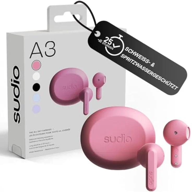 sudio A3, True Wireless Over Ear Kopfhörer mit Bluetooth 5.4, Multipoint Verbindung, schweiß- & spritzwassergeschützt, Touch-Steuerung, 25h Spielzeit, USB-C Ladecase, Rosa – Bild 1