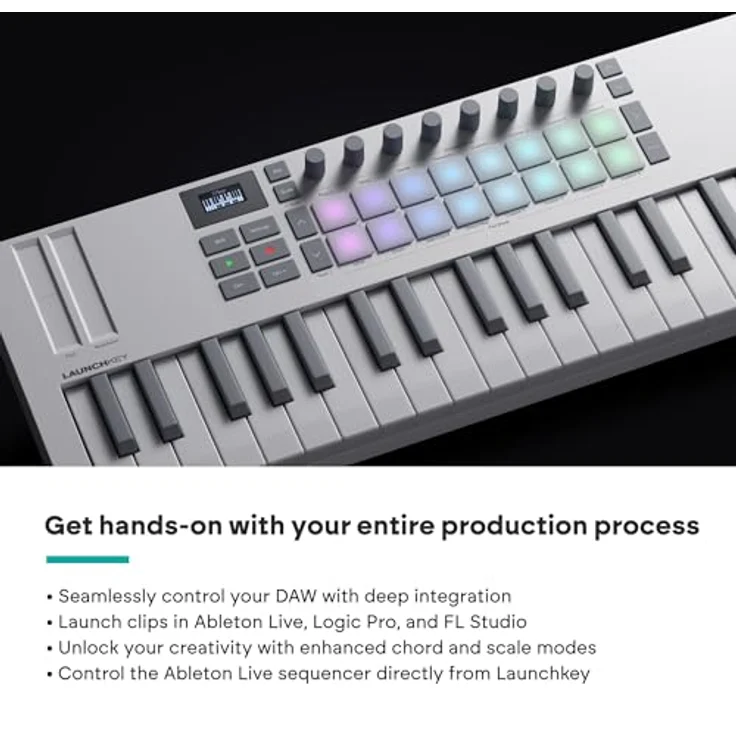 Novation Launchkey Mini 37 Weiß (MK4), Portables USB-MIDI-Controller-Keyboard mit 37 Minitasten, DAW-Integration, Akkord- und Skalenmodi, Drum-Pads und Arpeggiator, inkl. Musiksoftware-Bundle – Bild 3