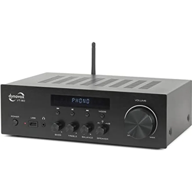 Dynavox Stereo Kompakt-Verstärker VT-90, schraubbare Anschluss-Terminals für 4 Lautsprecher, Fernbedienung, Phono-Eingang, BT-Streaming, schwarz
