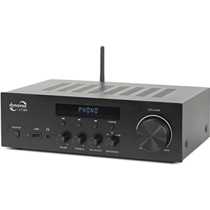 Dynavox Stereo Kompakt-Verstärker VT-90, schraubbare Anschluss-Terminals für 4 Lautsprecher, Fernbedienung, Phono-Eingang, BT-Streaming, schwarz – Bild 1