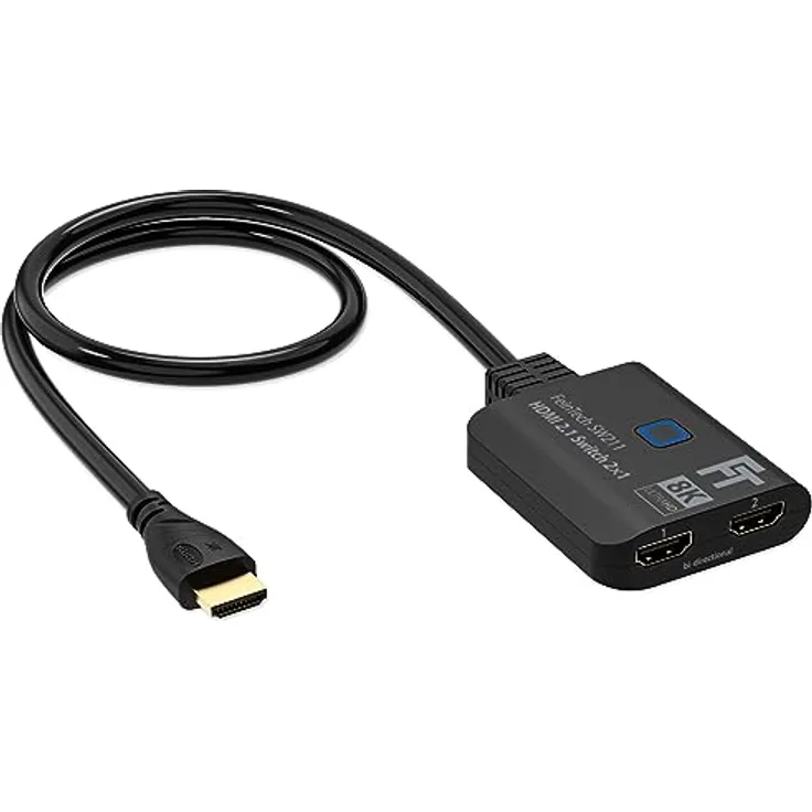 FeinTech SW211 HDMI 2.1 Switch 4k 120Hz 2 In 1 Out oder 1 In 2 Out Bi-Direktional mit integriertem HDMI-Kabel, 8K, 48 Gbps, HDMI Verteiler, HDMI Splitter, Unterstützt HDR, VRR, ALLM und Dolby Vision