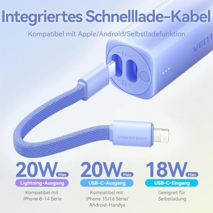 VENTION Mini Power Bank 5000mAh mit USB C & Lightning Kabel PD 20W - Rot – Bild 3