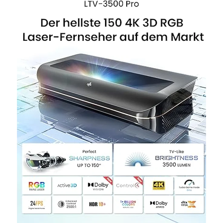 AWOL Vision LTV-3500 Pro 3D Kurzdistanz Beamer 4K Laser, 3500 Lumen Triple Laser Beamer 4K Ultrakurzdistanz, 150" Schirm, HDR10+, Dolby Vision Beamer 4k heimkino(Fire TV Stick 4K Max) – Bild 2