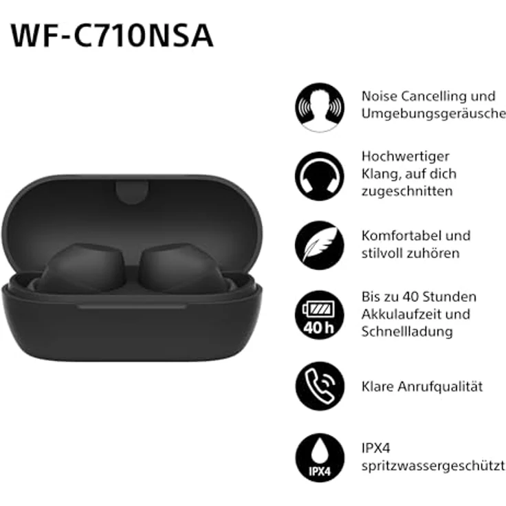 Sony WF-C710NSA, Truly Wireless Noise Cancelling Earbuds, IPX4, Touch-Bedienung, Multipoint-Verbindung, bis zu 40 Std Akku - Schwarz – Bild 2