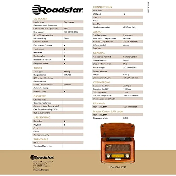 Roadstar HRA1500 UEMP Vintage Hifi System, FM Radio mit CD-Spieler, USB und Bluetooth, Holzoptik, Braun – Bild 3