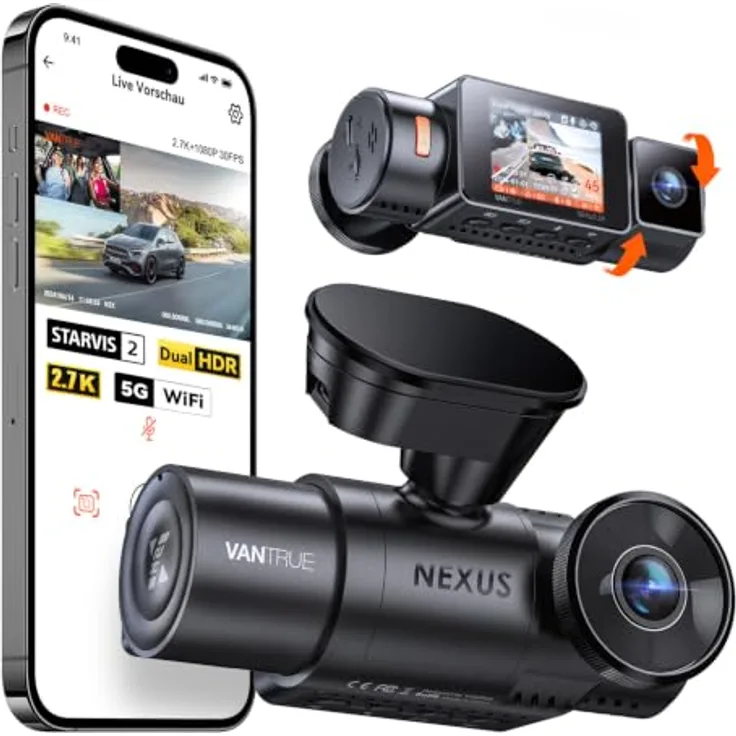 VANTRUE N2X Dual Dashcam, 2.7K + 1080P Auflösung, GPS, 5G WiFi, IR-Nachtsicht für Innen- und Außenüberwachung