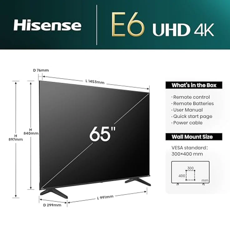 Hisense 65E6NT 164cm (65 Zoll) Fernseher, 4K UHD Smart TV, Precision Colour, HDR, Dolby Vision, 60Hz, Triple Tuner DVB-C/S/S2/T/T2, WiFi, HDMI 2.1, Bluetooth, Alexa Built-in, Schwarz, [2024] – Bild 2