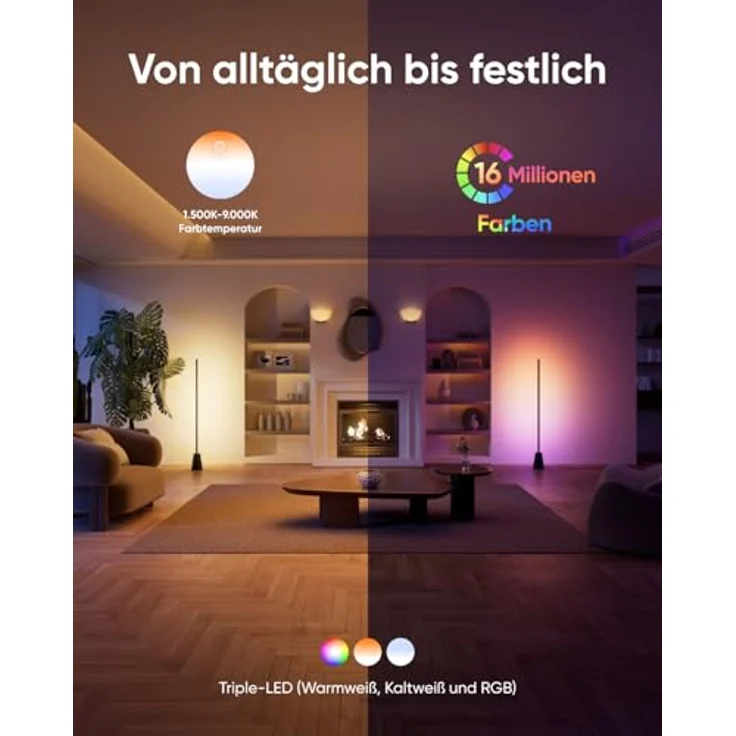eufy Security Zimmer-Stehlampe E10, RGBWW LED, 16 Mio. Farben, 1700 Lumen, Google kompatibel, KI-Lichtthemen, Musikmodus, Schwarz – Bild 2