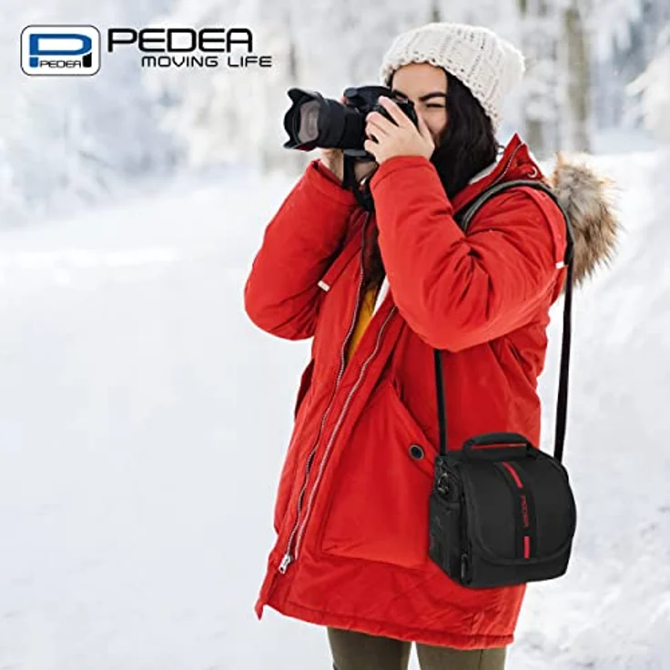 PEDEA DSLR-Kameratasche Essex Fototasche für Spiegelreflexkameras mit wasserdichtem Regenschutz, Tragegurt und Zubehörfächern, Gr. M schwarz-rot – Bild 8