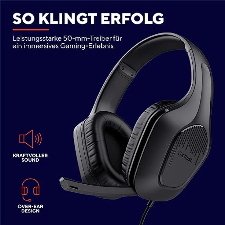 Trust Gaming GXT 415 Zirox Leichtes Gaming Headset mit 50-mm-Treiber für PC, Xbox, PS4, PS5, Switch, Mobile, 2-m-Kabel, 3,5-mm-Audioanschluss, Over-Ear Kopfhörer mit Kabel - Schwarz – Bild 3