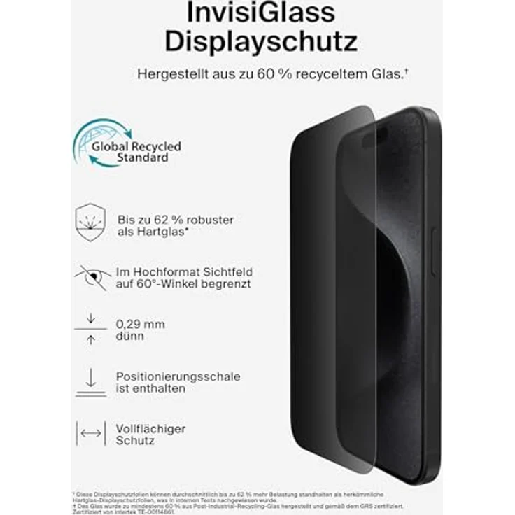 Belkin ScreenForce InvisiGlass iPhone 16 Pro Sichtschutz, kratzfester Stoßschutz Schutzfolie aus recyceltem Glas, Positionierungsschale, Displayschutz - Nachhaltig (Farbe: Nicht spezifiziert) – Bild 3