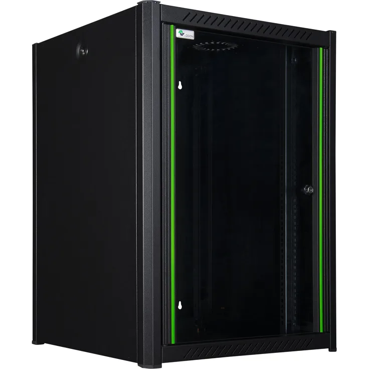 Logon RWP16U56BL Wandrek 16U, 19 Zoll Rack Serverschrank mit gehärteter Glastür, Schwarz, passive und optionale aktive Belüftung