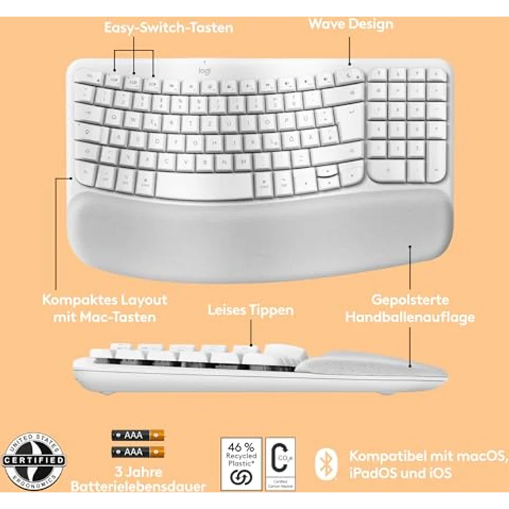 Logitech Wave Keys for Mac Off-White - Ergonomische kabellose Tastatur, geschwungenes Design, Memory Foam Handballenauflage - Weiss – Bild 6