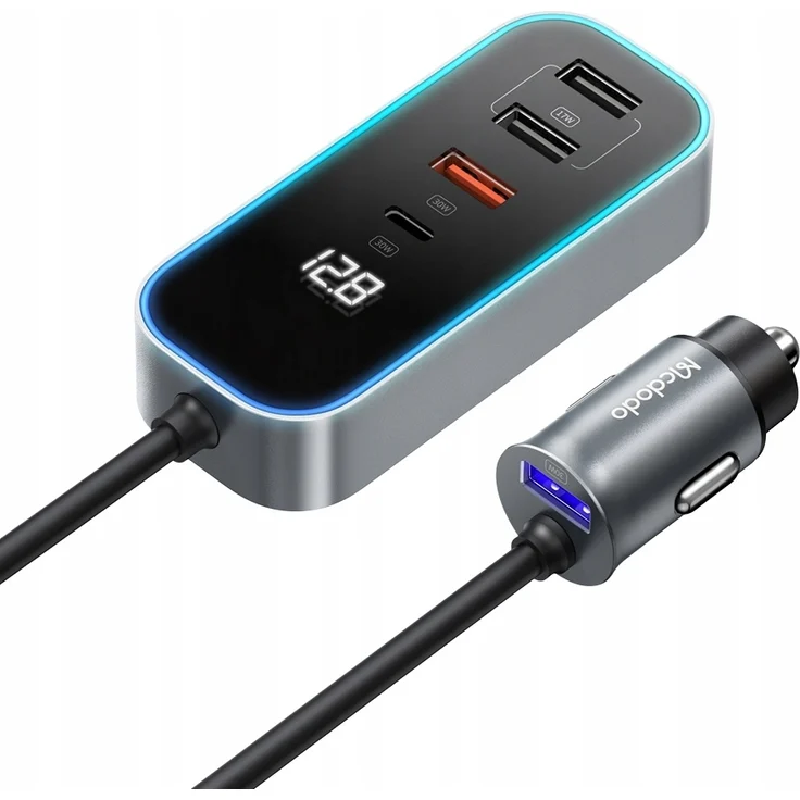 Mcdodo CC-1900 Autoladegerät 107W, 4x USB-A + 1x USB-C, Digitalanzeige, 1,5 m Kabel, grau