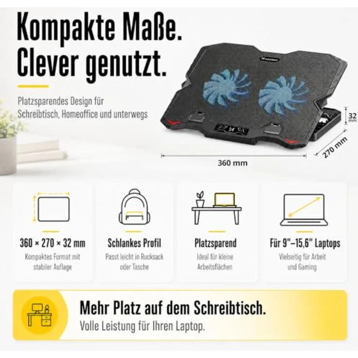 WOZINSKY Kühlständer Laptop Kühler mit RGB-Beleuchtung, verstellbar, 2 USB-Anschlüsse, für 9-17" Laptops – Bild 3