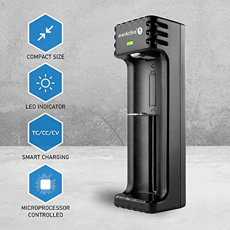 everActive Ladegerät für 1 Stück Li-Ionen-Akkus wie 18650, professionell, schnell, Micro USB, Modell: LC-100, Schwarz – Bild 3
