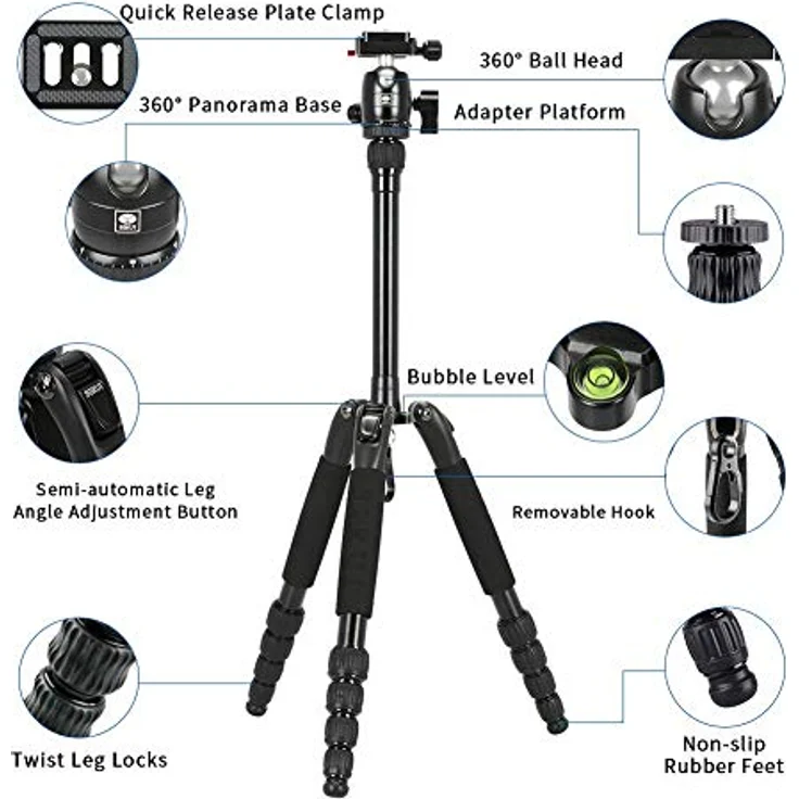 SIRUI T-005SK+B-00K Traveler Ultralight Dreibeinstativ Aluminium schwarz mit Kugelkopf (Höhe: 128cm, Gewicht: 1.13kg, Traglast: 5kg) – Bild 7