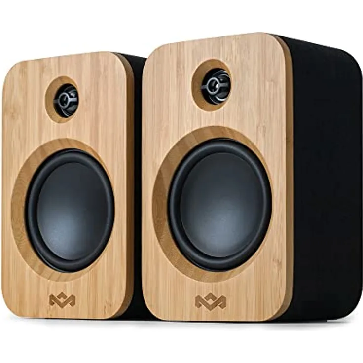 House of Marley Get Together Duo Bluetooth Lautsprecher Bambus - Nachhaltig hergestellte Regallautsprecher, PC Lautsprecher, Soundbar, Netz/25 Std Akku, High-Definition Verstärker, Amazon Exklusiv