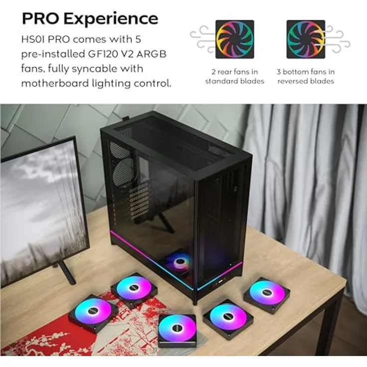 Montech HS01 PRO Midi-Tower PC-Gehäuse, ATX, aRGB, Tempered Glass, schwarz, 11x Lüfterstützung, 5x 120-mm-Lüfter vorinstalliert – Bild 6