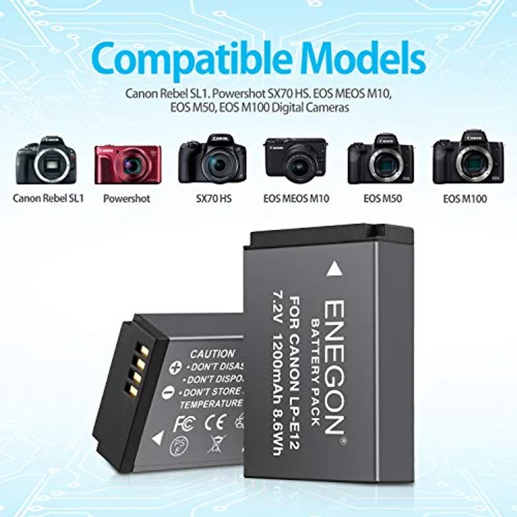 ENEGON Ersatzbatterie (2er Pack) und Rapid Dual Ladegerät für Canon LP-E12 und Canon SX70 HS, Rebel SL1, EOS-M, EOS M2, EOS M10, EOS M50, EOS M100 Digitalkamera – Bild 2