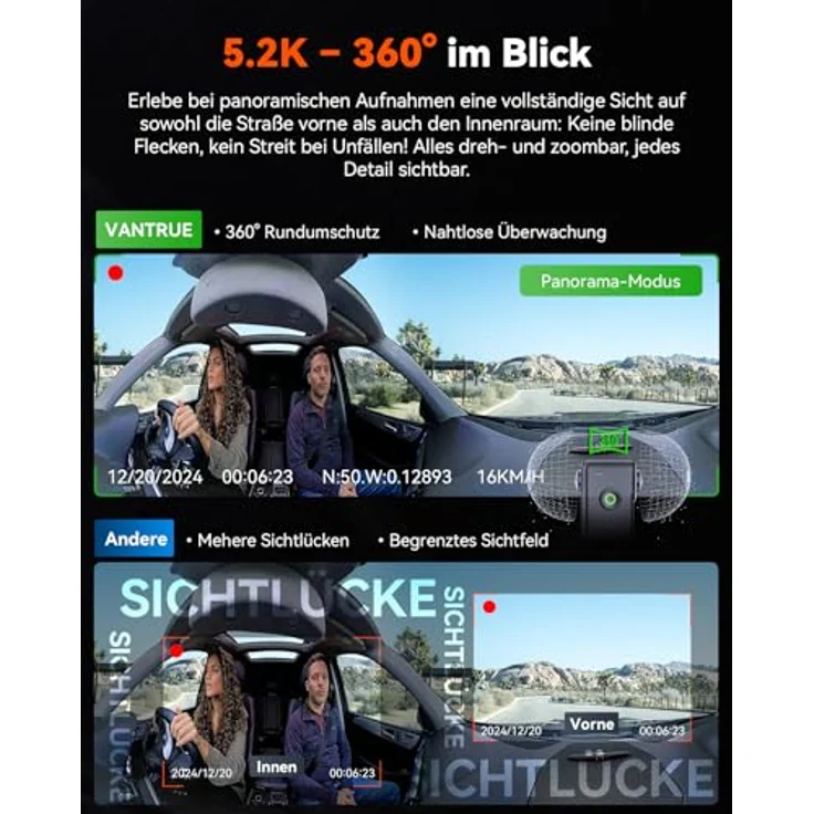 VANTRUE E360, 5.2K Panorama Dashcam mit Dual STARVIS 2 HDR, 360° Aufzeichnung, 1.54" Touchscreen, WiFi, GPS, Parkmodus, max. 1TB Erweiterbarkeit, inklusiveoptionalem Zubehör – Bild 2