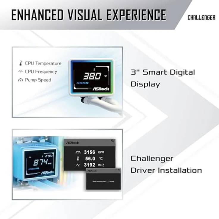 ASRock CPC Challenger 360 Digital ARGB, CPU-Wasserkühler 360mm mit 3-Zoll-LCD, weiß, Triple-Fan und dynamischer ARGB-Beleuchtung – Bild 3