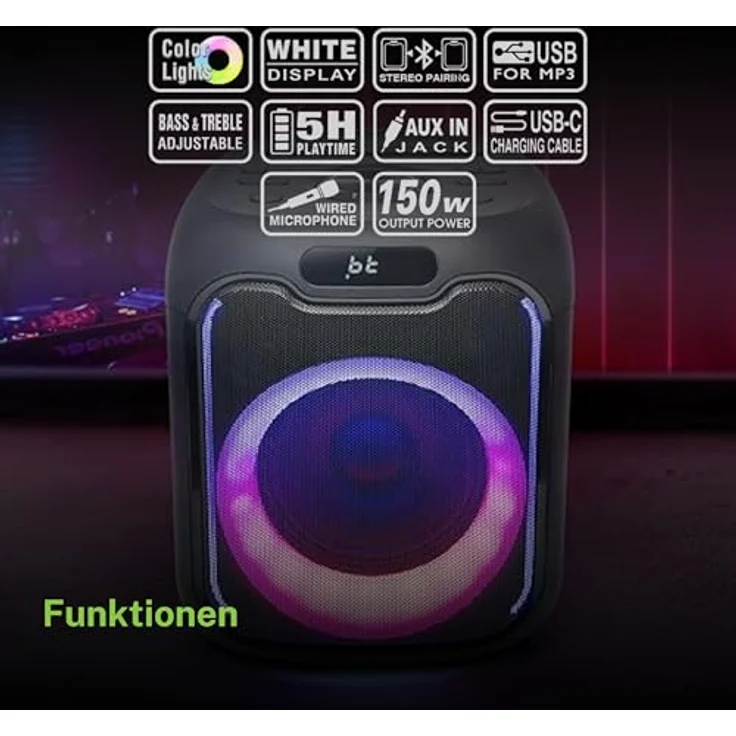 Muse M-1803 DJ, Bluetooth-Lautsprecher mit USB-C-Anschluss, 150 Watt RMS, 5 Stunden Akkulaufzeit, tragbar – Bild 6